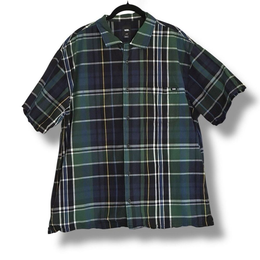 Vans Men’s Grisham Short Sleeve Button Up Shirt Black Green Plaid Large